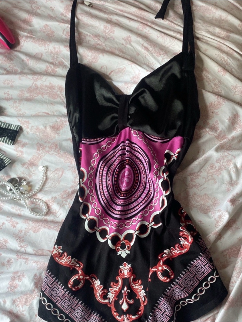 VENUS Black Strapless Dress with Pink Medallion Print